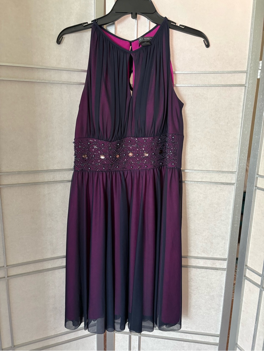 Adrianna Papell Plum and Black Beaded Waist Chiffon Cocktail Dress
